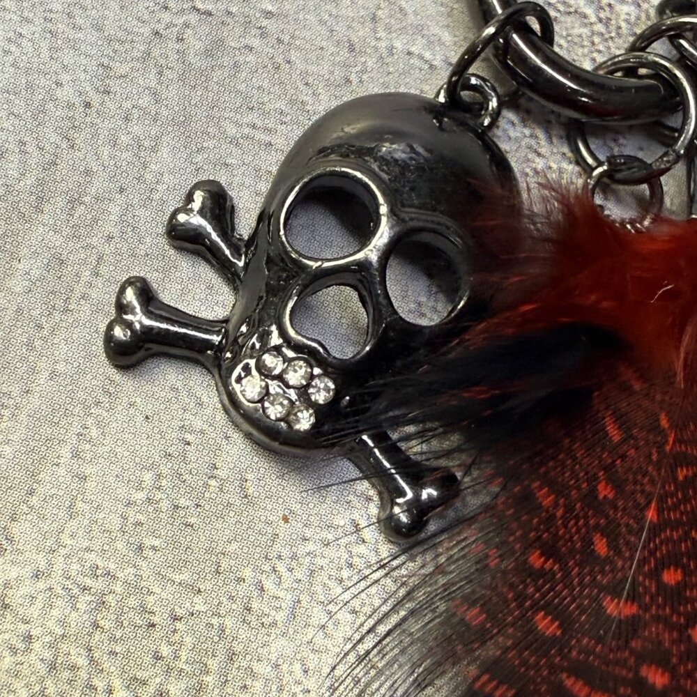 Gothic Skull Dangle Earrings Chain Red Feathers Crystal Accent Boho Punk Jewelry - Picture 6 of 16